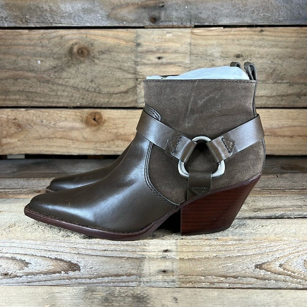 NEW WOT…….Vince Camuto Olive Brown Leather & Suede Ankle Booties with Ring Strap